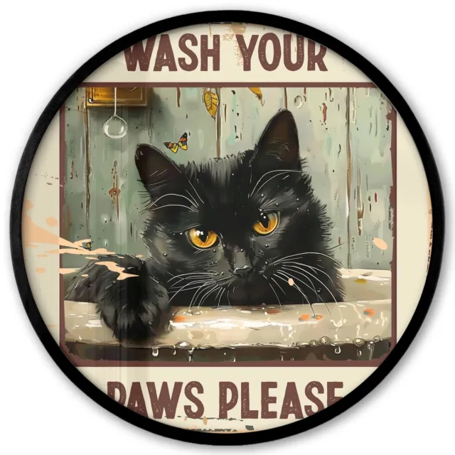 FrameYourWall Poster in lijst Rond - Fotolijst 40x40 cm - Posters - Vintage - Kat - Quotes - Wash your paws please - Spreuken - Ronde posterlijst zwart - Decoratie - Wanddecoratie woonkamer - Muurdecoratie slaapkamer Kat - Bad - Quote