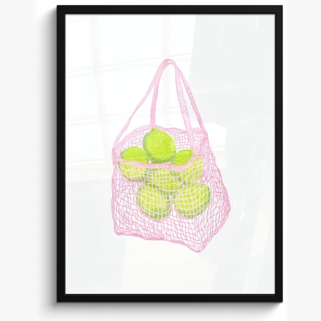 FrameYourWall Poster in lijst - Fotolijst 50x70 cm - Posters - Netzakje - Roze - Illustratie - Limoenen - Posterlijst zwart - Decoratie - Wanddecoratie woonkamer - Muurdecoratie slaapkamer Tas - Limoenen