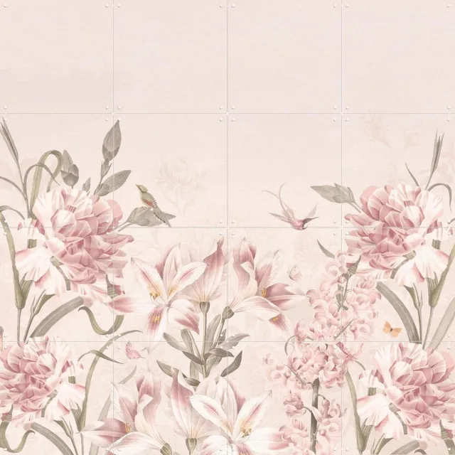 IXXI Vintage Spring Flowersand Birds, Bloomery Decor - 80 x 80 cm - Grote wanddecoratie en posters - Vintage, Fantasierijk, Art Nouveau, Woonkamer Roze