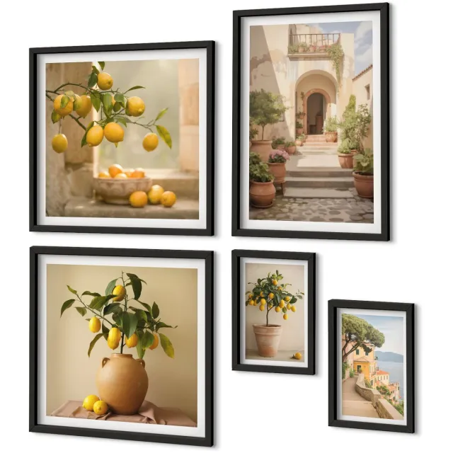 Coloray 5-Delige Schilderij Set - Stijlvolle Citrusdecoraties In Een Rustieke Omgeving - 50 x 50 cm, 20 x 30 cm En 40 x 60 cm - Wanddecoratie - Schilderijen Set - Kantoor - Muurdecoratie Zwarte lijst