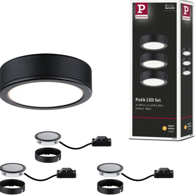 Paulmann Pukk LED onderkastverlichting set - 3 x 210 lm - 2700K warmwit - rond zwart