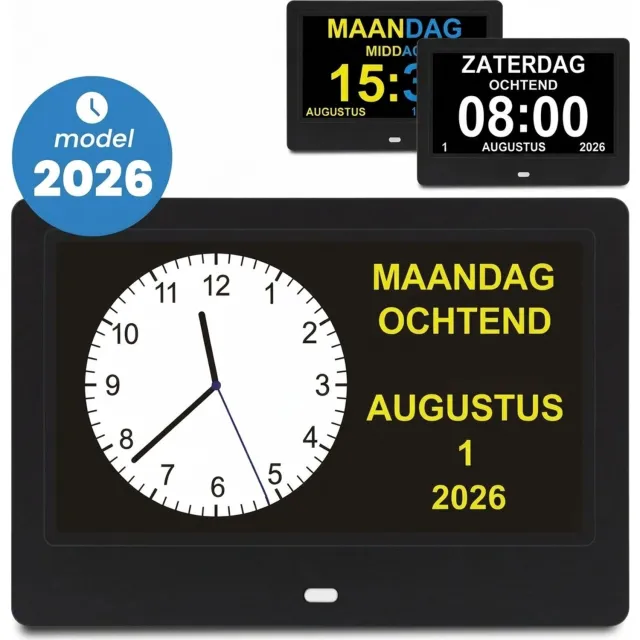 Pitt & Co. Dementieklok Analoog en Digitaal – Kalenderklok - klok met datum en dag – Alarmfunctie en Medicijnalarm - Alzheimer klok – seniorenklok – 7 Inch - Zwart