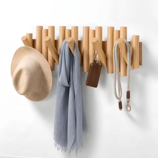 AIMASON Wandkapstok - Kapstok - van massief Europees beukenhout - 5 inklapbare haken - Picket rail kapstok voor hal, slaapkamer en entree - 37 x 16 cm - Piano kapstok - Kapstok Muur - Naturel