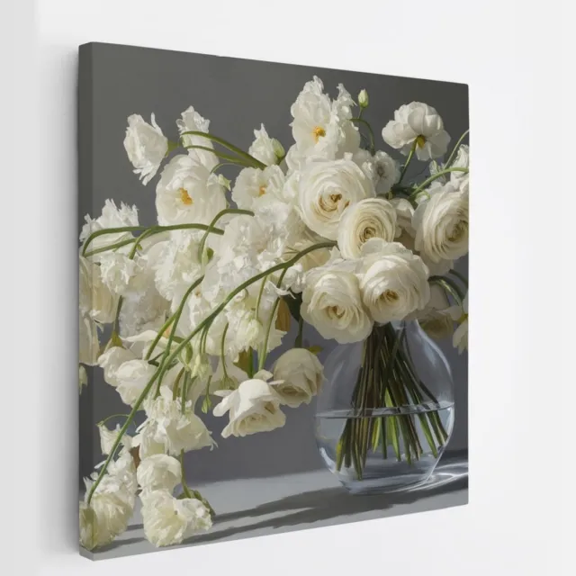 Saammp Canvas Schilderij - Abstracte Witte Bloemen in een vaas- Natuur - 100x100 - Foto op canvas - Wanddecoratie - Muurdecoratie Woonkamer - Kantoor Decoratie Multicolor
