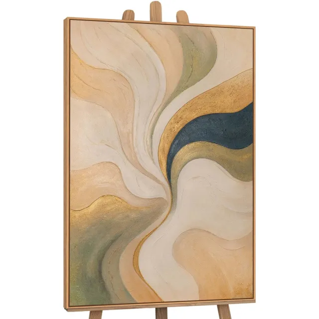 YS Schilderij - Handgeschilderd canvas schilderij - Wanddecoratie Abstract - Beige en goud - lijnen - Muurdecoratie woonkamer - Slaapkamer decoratie - Kamer accessoires - schilderij Modern Met lijnen - abstracte schilderijen Kunst Wood 120x80