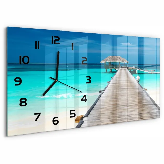 TULUP Wandklok - Houten loopbrug Wandklok Glas Decoratie - 60x30 cm - Blauw Gekleurde Glazen Klok - Zwarte handen - Rechthoekige Klok - Klok Glas Met Opdruk - Moderne Wandklok Glas