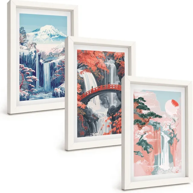 TULUP 3-Delige Schilderij Set - Watervallen, bergen met een brug en bloeiende bomen - 20x30 - Muurdecoratie - Decoratieve Schilderijen - Wohnzimmer - Interieur Decoratie Witte lijst
