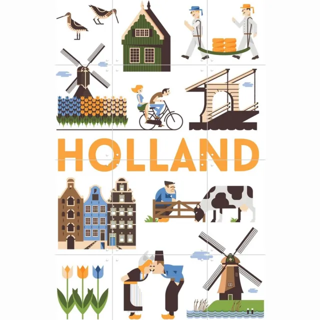 IXXI Holland, Jochem Coenen & Kunst in Kaart - 60 x 80 cm - Grote wanddecoratie en posters - Speels, Illustraties, Grafisch Ontwerp, Gang, Woonkamer Oranje / Koele tinten