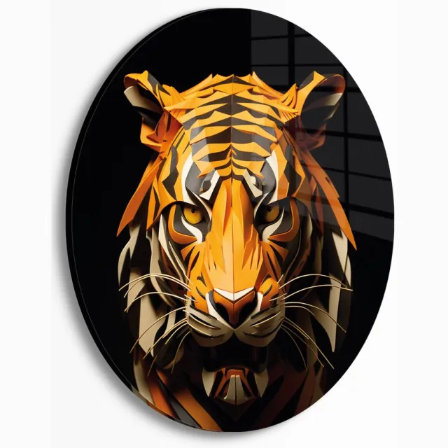 Myfinto Indoorart - Muurcirkel Geometrische Tijger Plexiglas 30 cm - Wanddecoratie - Afbeelding op Plexiglas - Inclusief ophangplaat zwart, wit, oranje, geel