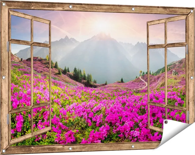 Gards Tuinposter Doorkijk Rhododendron Bloemenveld in de Alpen - 120x80 cm - Tuindoek - Tuindecoratie - Wanddecoratie buiten - Tuinschilderij Licht bruin
