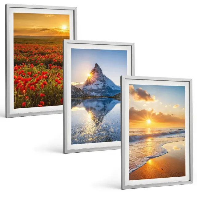 Coloray 3-Delige Schilderij Set - Berg- En Kustlandschappen Met Zonsondergang - 40 x 60 cm - Wanddecoratie - Woonkamer Decoratie - Muurdecoratie Zilveren lijst