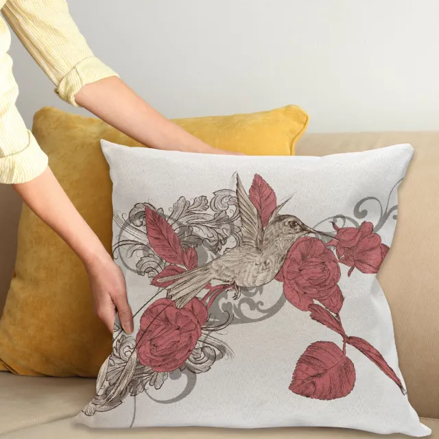 ABAKUHAUS Hummingbirds Sierkussenhoes, Hummingbird op Roos Bloem Tak Ornamenteel Vintage Stijl Illustratie, Decoratieve Vierkante Sierkussenhoes, 70 x 70 cm, Ruby Beige