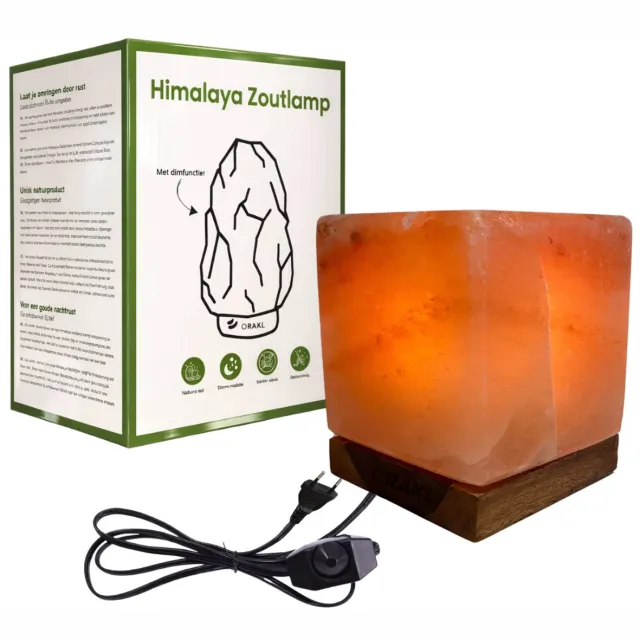 Orakl Luxe Dimbare Himalaya Zoutlamp Cube - 2-4 KG en ca. 18 cm - Nachtlamp - Tafellamp - Cadeauverpakking Oranje