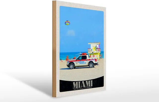 Femer Holzschild Reise 30x40cm Miami USA Amerika Ozeanrettung Wagen