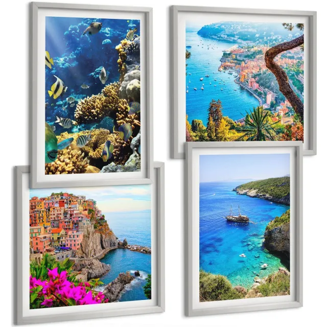 Coloray 4-Delige Schilderij Set - Uitzicht Op Zee Met Kleurrijke Huizen En Een Koraalrif. - 40 x 40 cm En 40 x 60 cm - Decoratieve Schilderijen - Wanddecoratie - Hal - Moderne Wanddecoratie Zilveren lijst
