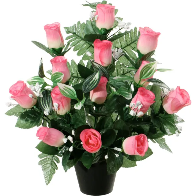 Louis Maes Kunstbloemen in pot - lichtroze - H35 cm - Bloemstuk ornament - rozen/gipskruid met bladgroen