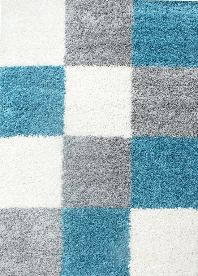 Muratap Basic Shaggy Geblokt vloerkleed Turquoise / Wit Hoogpolig- 120x170 CM