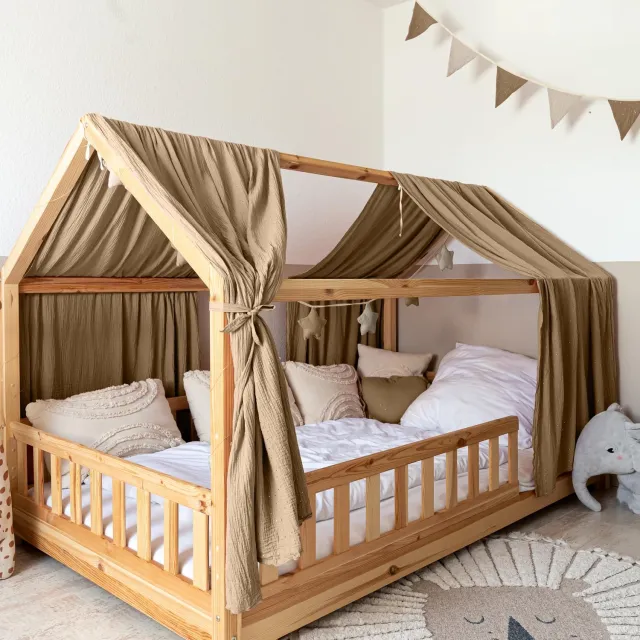 Lilimaus Huisbed hemeltje - set van 2 banen - bedhemel voor huisbed - 67,5x320 cm - mousseline katoen - donkerbeige