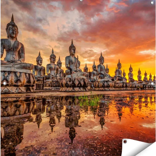 Gards Tuinposter Boeddha Beelden tijdens Zonsondergang - 90x90 cm - Tuindoek - Tuindecoratie - Wanddecoratie buiten - Tuinschilderij Multikleur