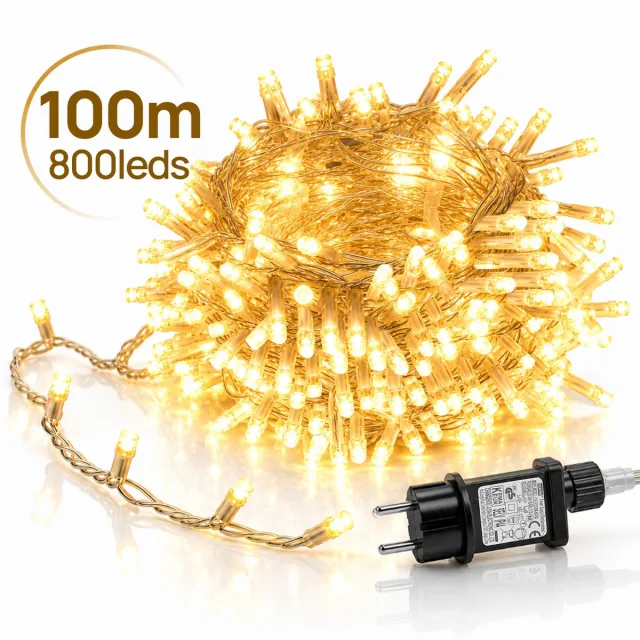 LAPAMAX LED Lichtsnoer - Kerstverlichting 100 m 800 LEDs Warm Wit - Zonder Tail Plug - 31 V Laagspanning met Timer, Geheugen en 8 Lichtstanden - Kerstboomverlichting met Adapter en 3 m Aanloopsnoer