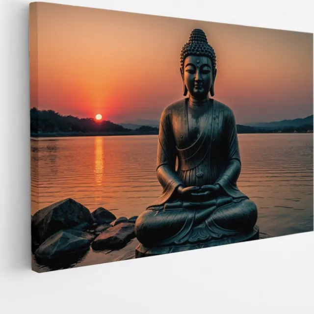 Saammp Canvas Schilderij - Boeddha bij het water tijdens Zonsondergang - 45x30 - Foto op canvas - Wanddecoratie - Muurdecoratie Woonkamer - Canvas schilderijen Multicolor