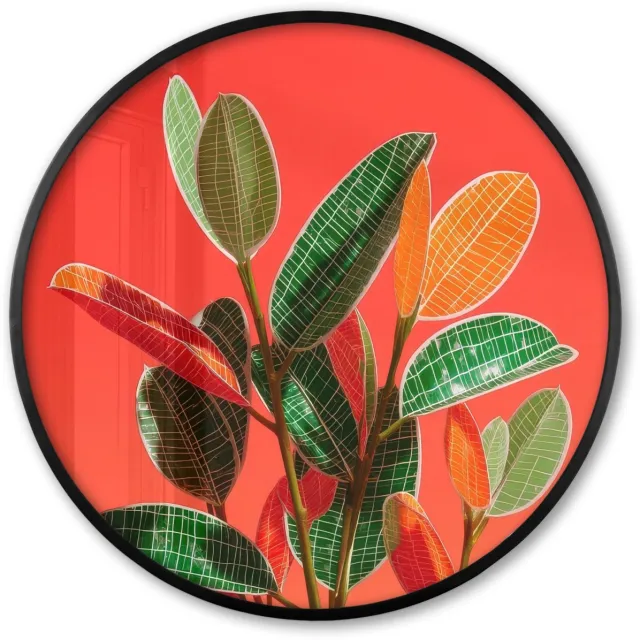 FrameYourWall Poster in lijst Rond - Fotolijst 80x80 cm - Posters - Bladeren - Nerven - Oranje - Structuur - Ronde posterlijst zwart - Decoratie - Wanddecoratie woonkamer - Muurdecoratie slaapkamer Bladeren - Nerven - Structuur