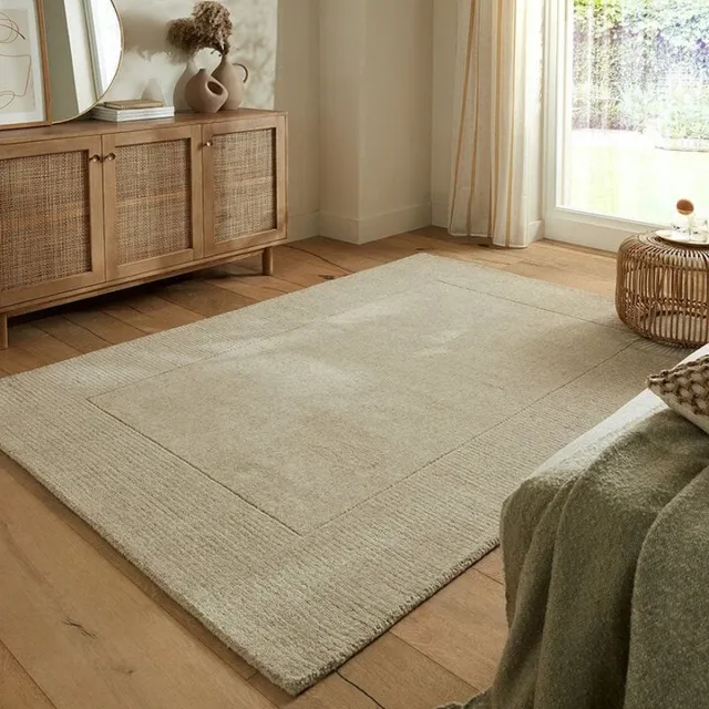 flycarpets Tuscany Modern Wol - Effen - Kader Vloerkleed - Naturel / Beige