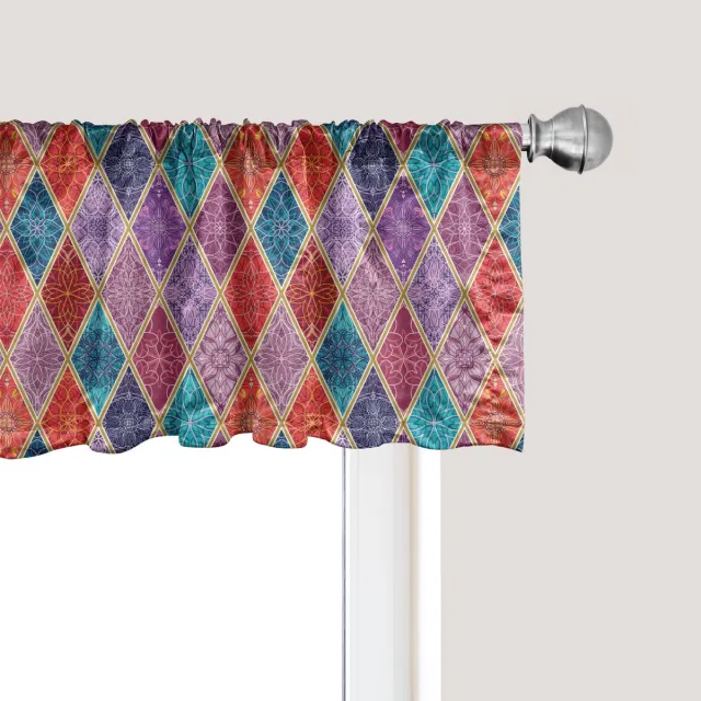 ABAKUHAUS Geometrische raamvalance, gordijnvalance voor keuken en slaapkamer met tunnelzoom, 137 cm x 45 cm, meerkleurig Blauw, paars, oranje