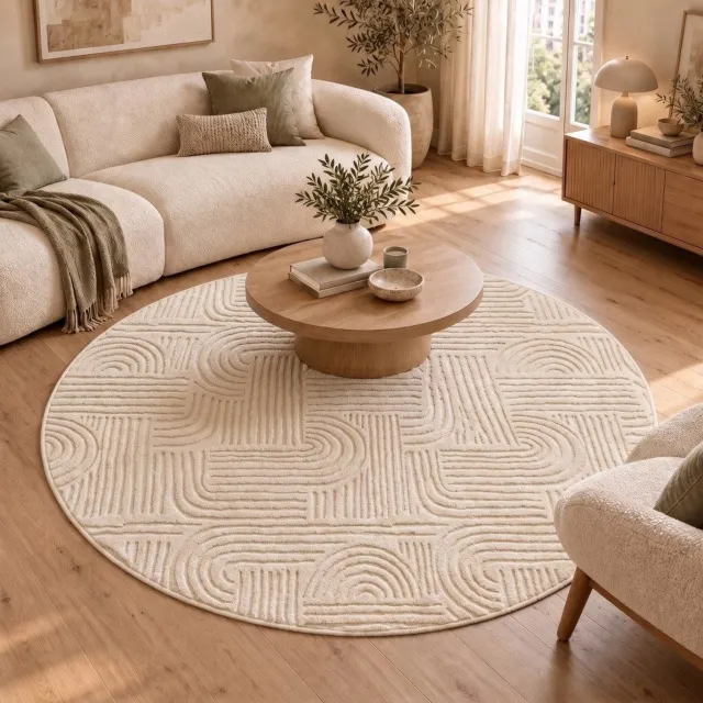 GENIMO Tapijt -Rond met effen design-Machinewasbaar en antislip-Geschikt voor vloerverwarming-Beige