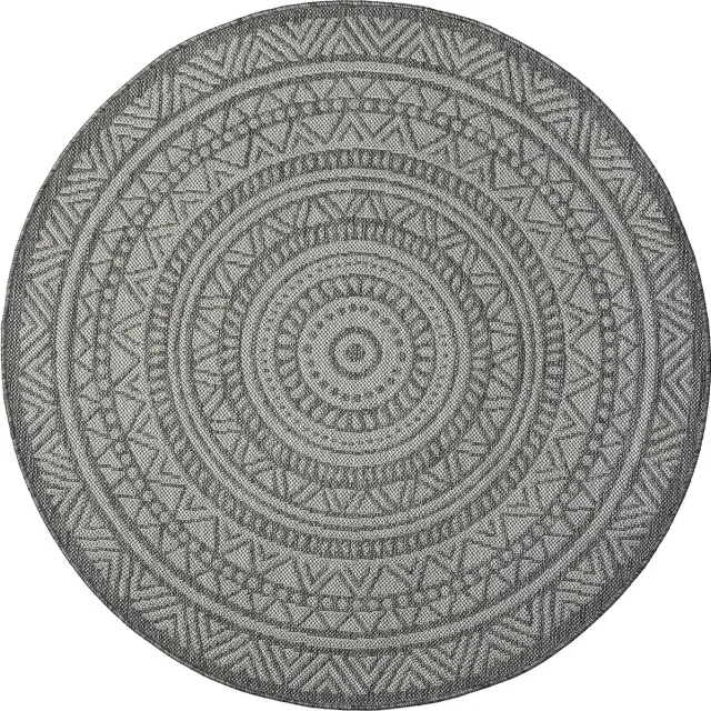 the carpet Mistra – robuust buitentapijt, weerbestendig & modern, voor balkon, terras of keuken, antraciet met etnisch rond patroon, 120 cm rond