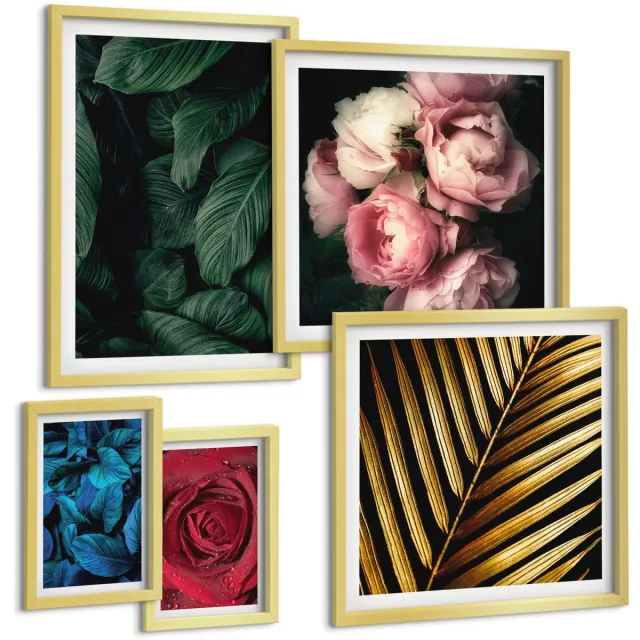 TULUP 5-Delige Schilderij Set - Plantmotieven met bloemen en bladeren in een natuurlijke stijl - 50 x 50 cm, 20 x 30 cm en 40 x 60 cm - Stijlvolle Wanddecoratie - Interieur - Woonkamer Decoratie Gouden lijst