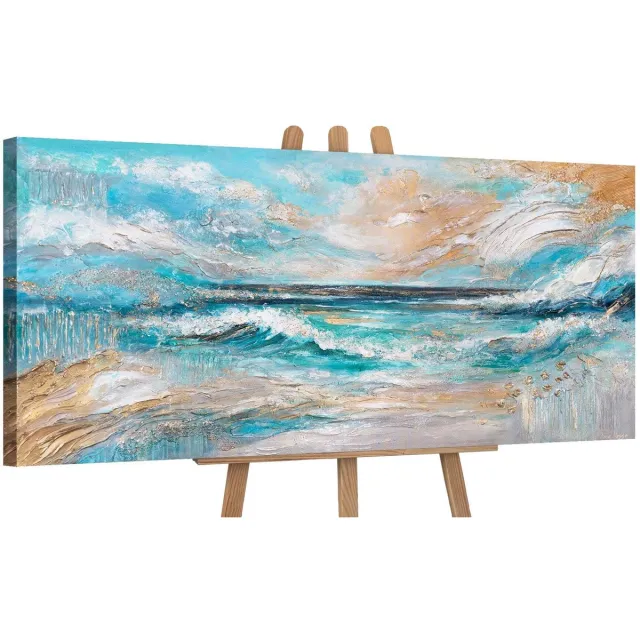 YS Canvas schilderij panoramisch 115x50 handgeschilderd zonnige vloed zon zee – YS-Art Gallery – Stralende wanddecoratie voor woonkamer – Modern schilderij voor hal