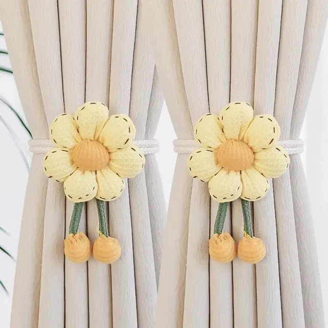 FLITI Gordijnhouder - Gordijn Embrasse Modern - Gordijnbinder Touw - Zevensterrenbloem Gordijnbinders - Verstelbaar Lint - Bloem Ook Als Broche - 45cm - Geen Boren - Voor Woonkamer/Slaapkamer -Thuis/Huurwoning - Crèmewit Geel - 45cm Per Stuk - 2 Stuks