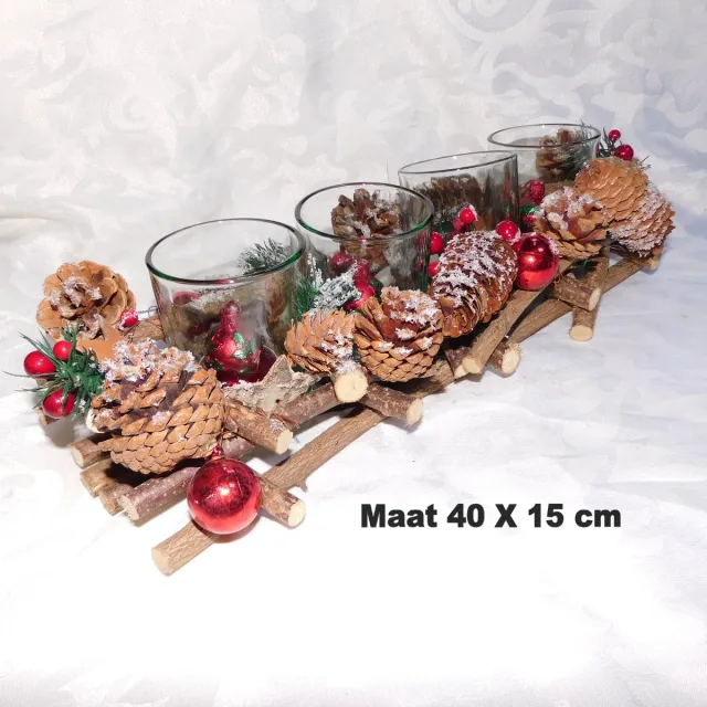 Hetty'S Sfeervolle Waxinelichthouder - 4 lichtjes in Kerstbalvorm| Hout met Dennenappels & Hulst Rood, Wit, Groen