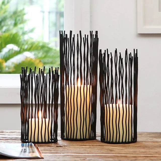 Famanu Set van 3 ijzerdraad wilgen kaarsenhouders, metalen zwarte pijler kandelaren voor tafel, moderne woondecoratie