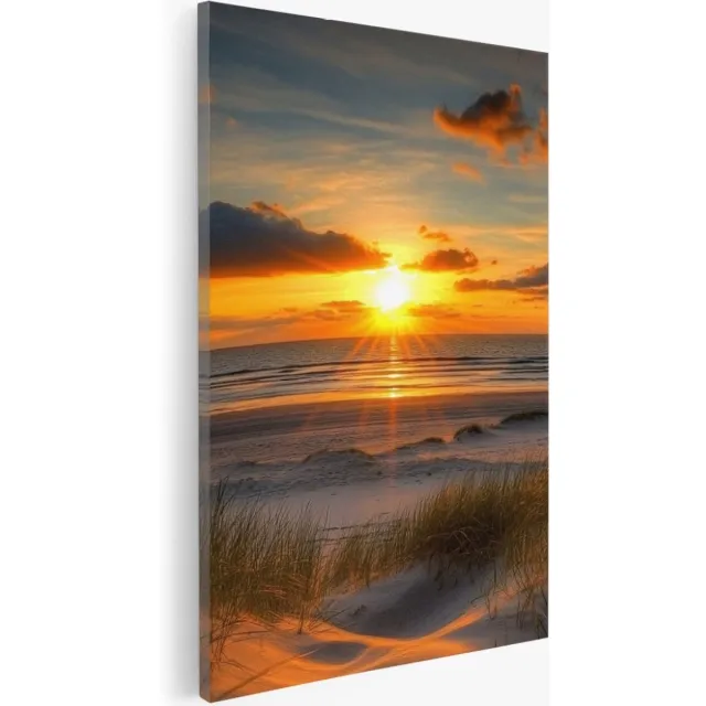 Saammp Canvas Schilderij - Strand met zonsondergang - Zee - Duinen - 40x60 - Foto op canvas - Wanddecoratie - muurdecoratie Woonkamer - Slaapkamer decoratie - Canvas Print Multicolor