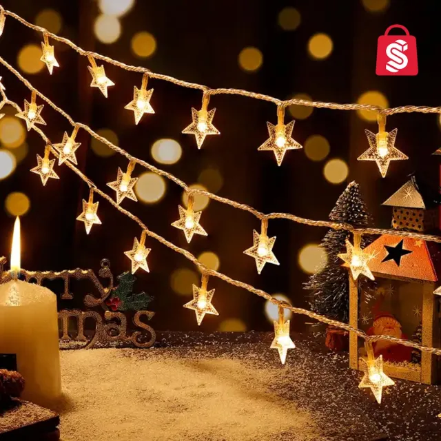 TheStudentShop LED lichtslinger sterren | Kerstboom met verlichting | Kerstversiering | kerstverlichting | Warm wit | 7,5m | Lichtsnoer | Lichtslinger | kerstdecoratie
