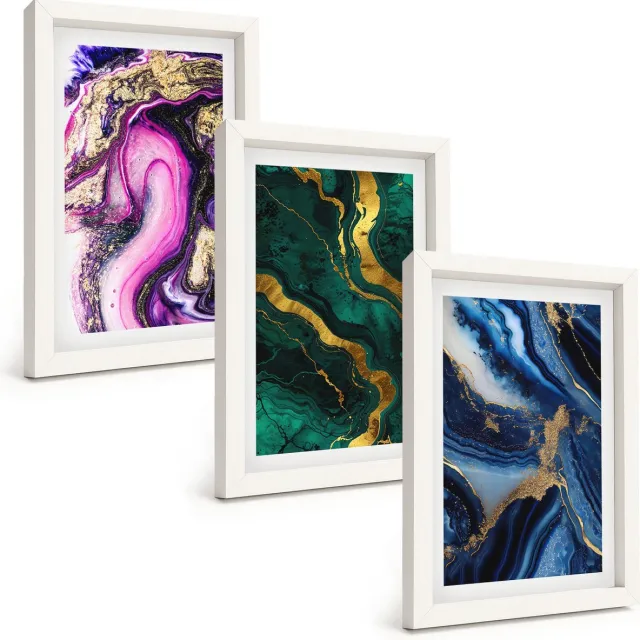 TULUP 3-Delige Schilderij Set - Abstracte patronen in tinten roze, groen en blauw. - 20x30 - Muurdecoratie - Interieur Decoratie - Wanddecoratie Witte lijst