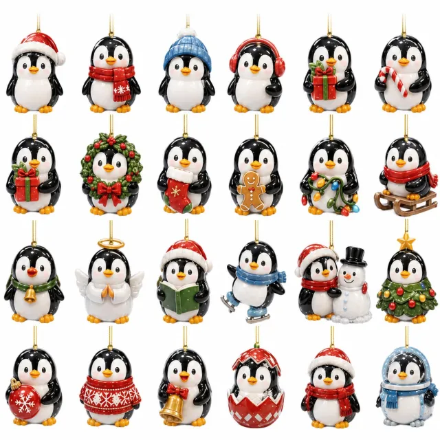 SWGOTA Adventskalender met 24 pinguïnhangers - Platte kerst- en winterdecoraties met ophanglus in kartonnen verpakking Zwart