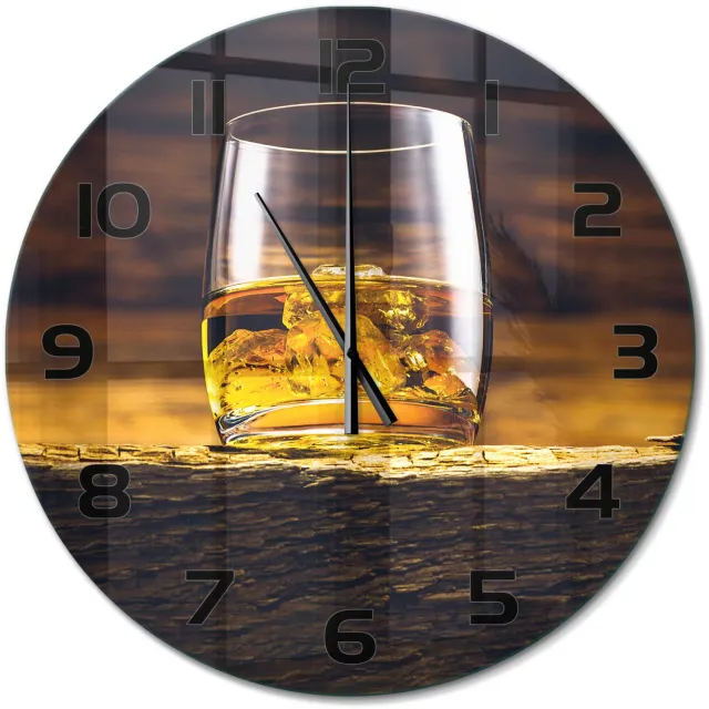 TULUP Wandklok - Bourbon in een glas Wandklok Glas Decoratie - fi60 cm - Geel Gekleurde Glazen Klok - Zwarte handen - Ronde Klok - Klok Glas Met Opdruk - Moderne Wandklok Glas