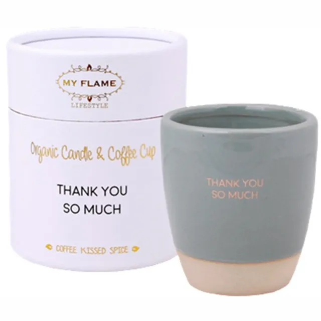 My Flame Lifestyle MY FLAME - Sojakaars in koffiekop - THANK YOU SO MUCH - Geur: Coffee kissed spice - Maat: D7 x H8 cm - Branduren: 30u Grijs blauw