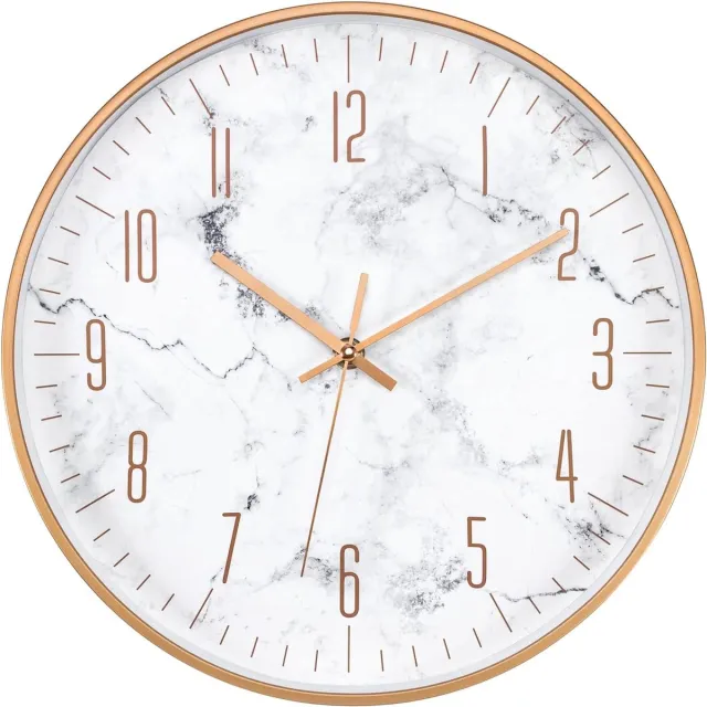 meerklose Wandklok, 30 cm, marmer, design, zonder tikkende geluiden, geruisloos, grote cijfers, modern, breed frame, decoratieve klok voor woonkamer, badkamer, slaapkamer, keuken Wit