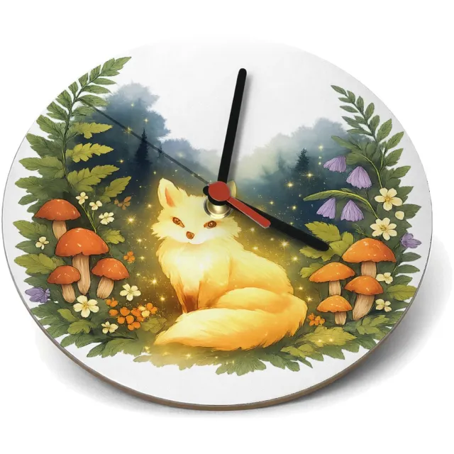 Mr Cadeautjes Klok rond Ø 19 - design Een dromerig boslandschap met een lichtgevende vos tussen va | cadeau Wit