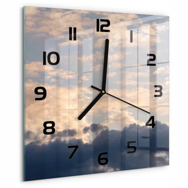 TULUP Wandklok - Wolken aan de hemel Klok Glas Met Opdruk - 30x30 cm - Blauw Moderne Wandklok Glas - Zwarte handen - Vierkante Klok - Decoratieve Glazen Klok - Glazen Wandklok Design