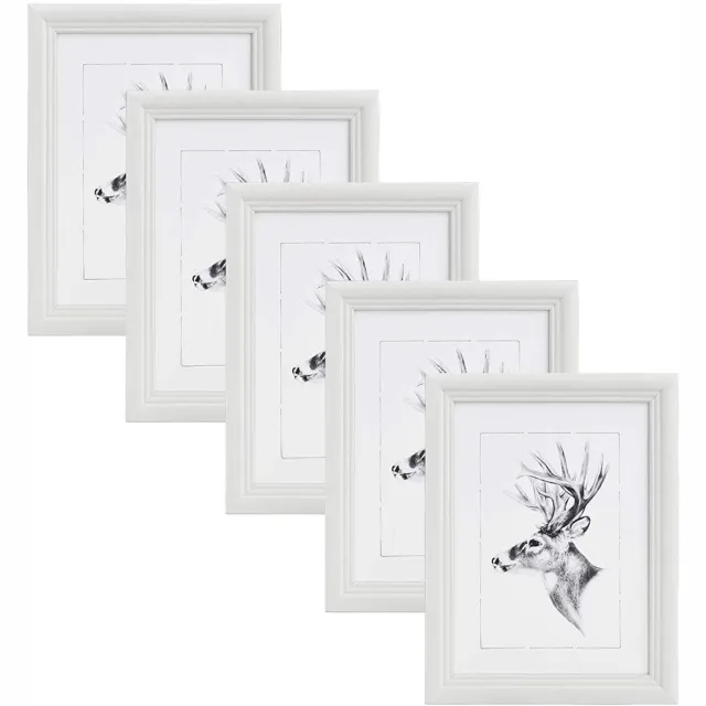 Woltu Fotolijst, houten lijst met glasplaat, set van 5 stuks wit