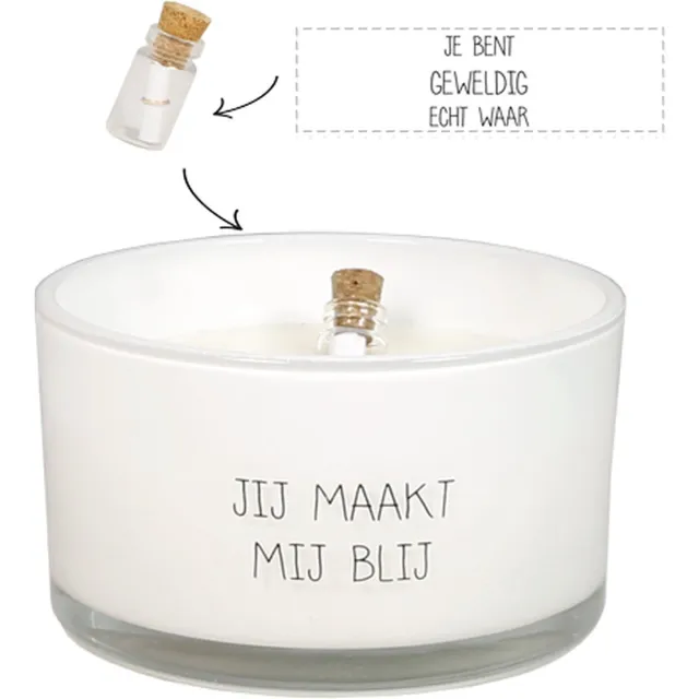 My Flame Lifestyle MY FLAME - Sojakaars - Flessenpostkaars - Jij maakt mij blij - Fresh Cotton - 35 branduren wit
