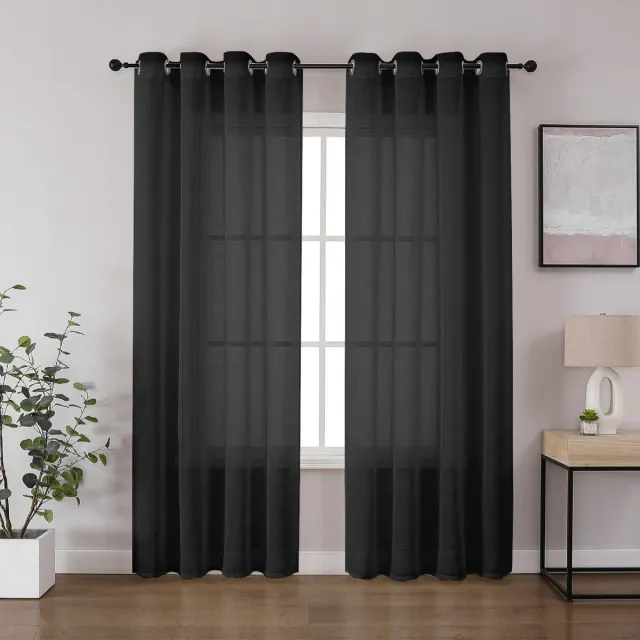 Unyqoos Linnenlook semi-transparante voile gordijnen met oogjes voor woonkamer en slaapkamer Zwart