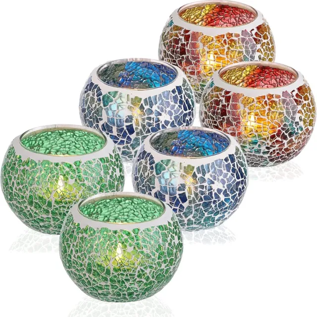 BSTKEY Set van 6 mozaïekglazen theelichthouders - decoratieve votive kaarsenstandaard - ronde kaarsenhouder centerpieces voor tafel - bruiloft - feest - woondecoratie (veelkleurig + blauw + groen) Meerkleurig