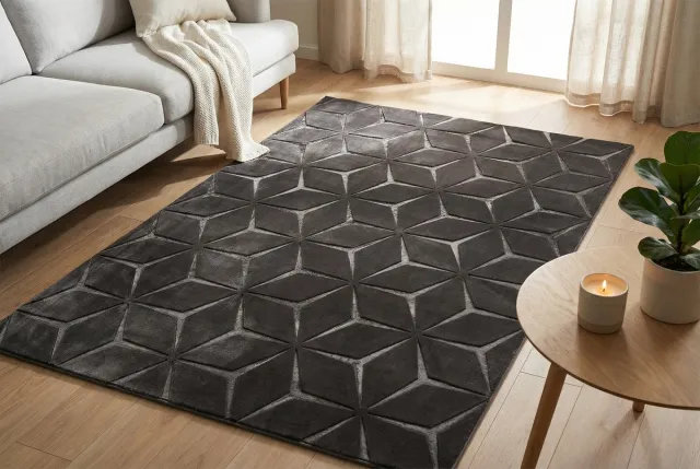 Padiro design laagpolig vloerkleed 80 x 150 cm - donkergrijs - modern geometrisch patroon - voor vloerverwarming - van polyester en katoen