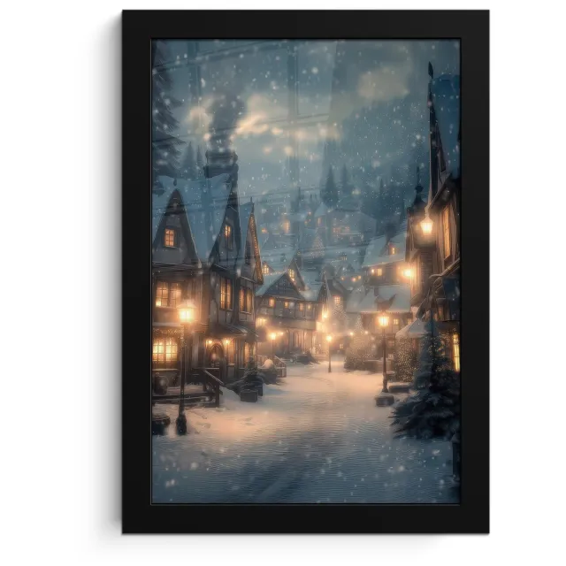 FrameYourWall Poster in lijst - Fotolijst 20x30 cm - Posters - Winterdorp - Sneeuw - Donker - Posterlijst zwart - Decoratie - Wanddecoratie woonkamer - Muurdecoratie slaapkamer
